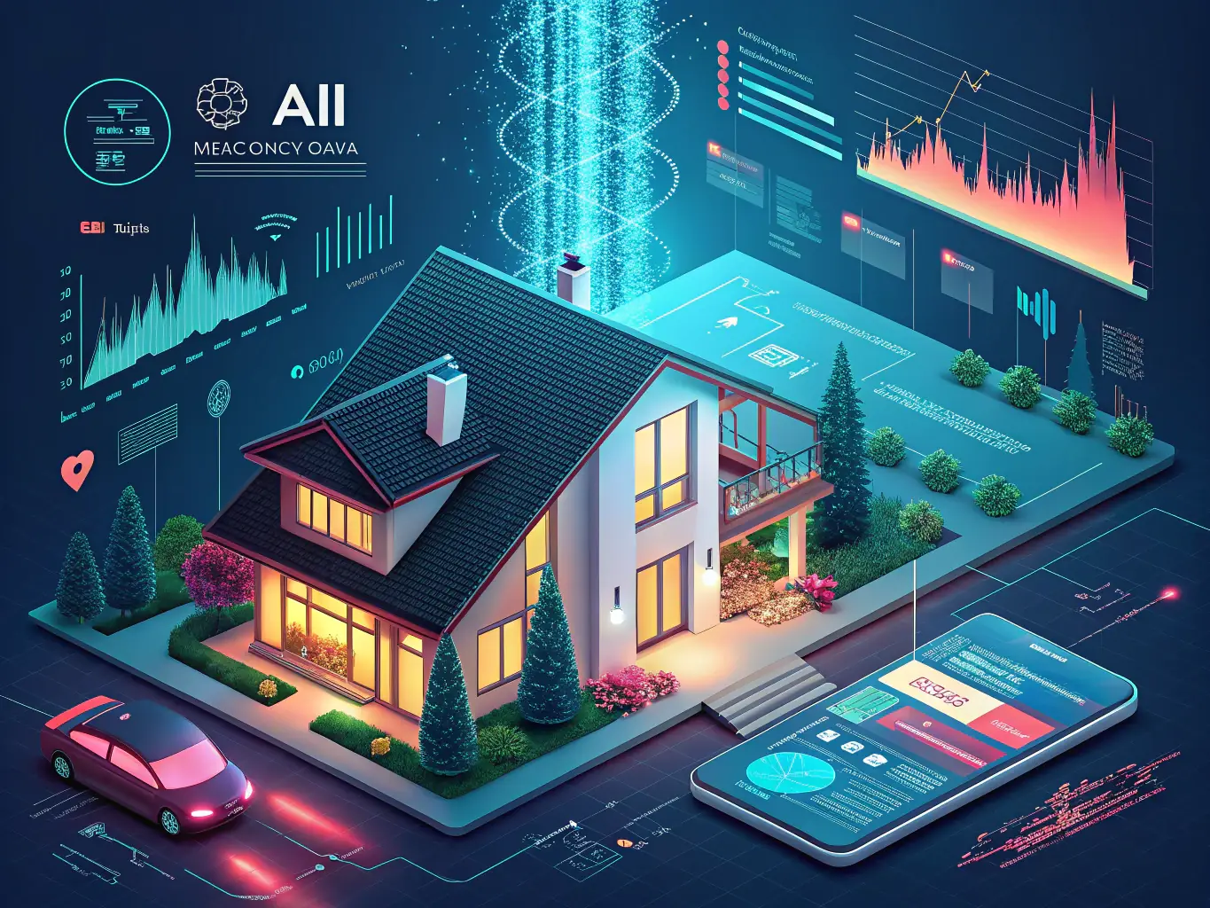 An AI algorithm analyzing a real estate photo, highlighting the automated enhancement process with visual cues like glowing lines and data points.