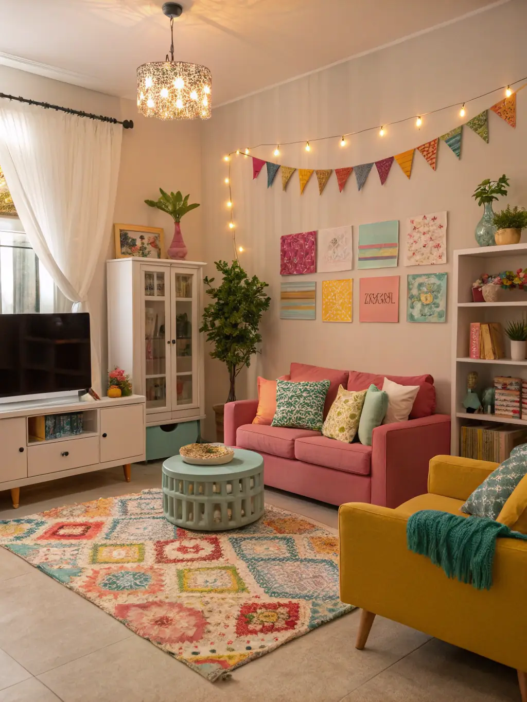 A digitally enhanced image of a living room with improved lighting and color correction, showcasing the benefits of the Basic Enhancement package.