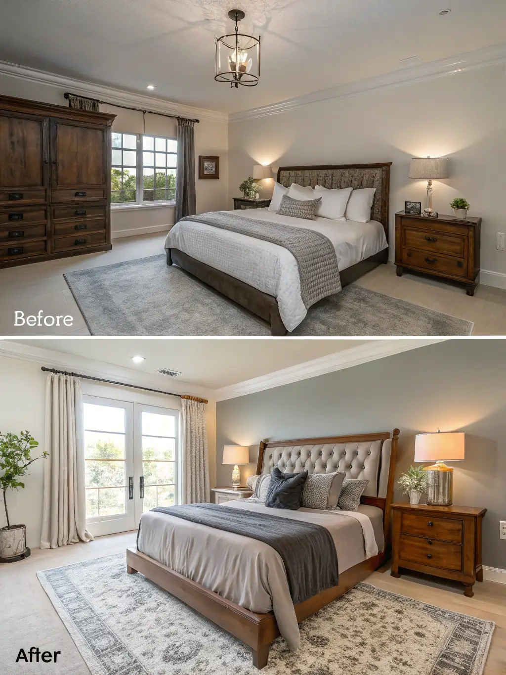 A before-and-after image of a room that has been virtually staged, demonstrating the transformation possible with the Virtual Staging Plus package.