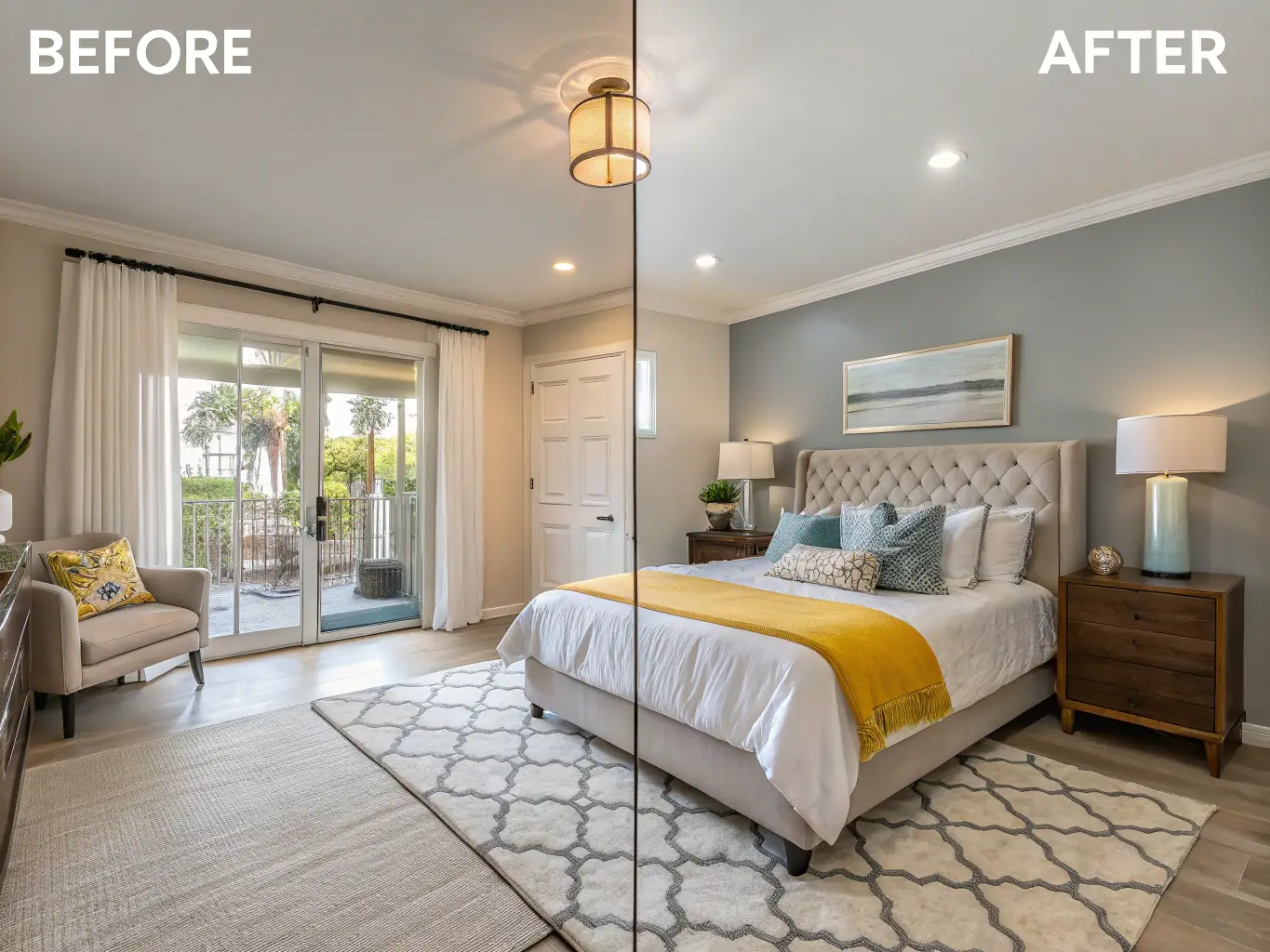 A split-screen image showing a before-and-after of a room, with the 'after' side showcasing virtual staging with furniture and decor.